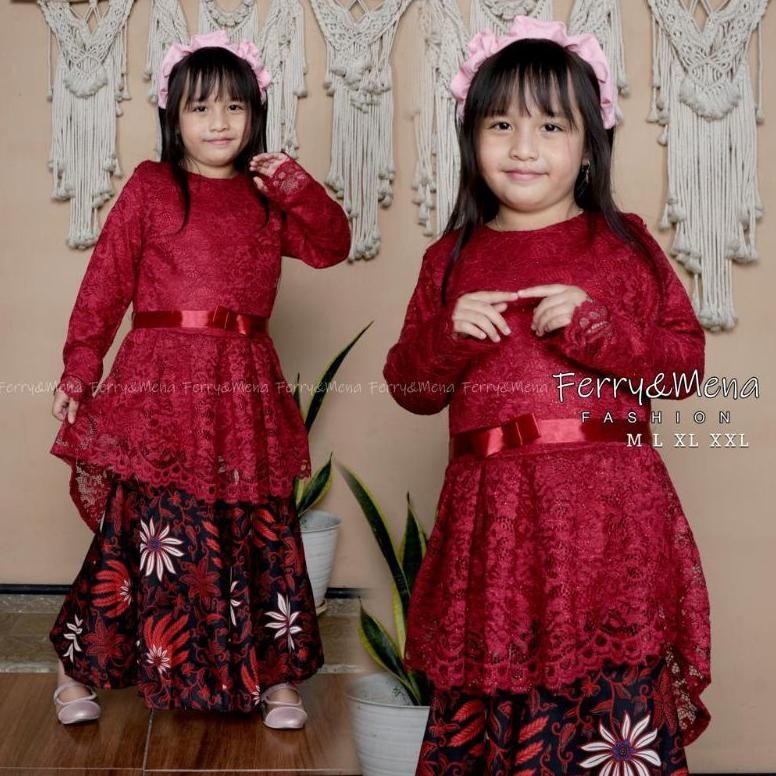 Setelan Kebaya Brokat Aurora Anak Model Pingwin Lengan Panjang Mix Rok Duyung Batik Anak Sd Baju Keb