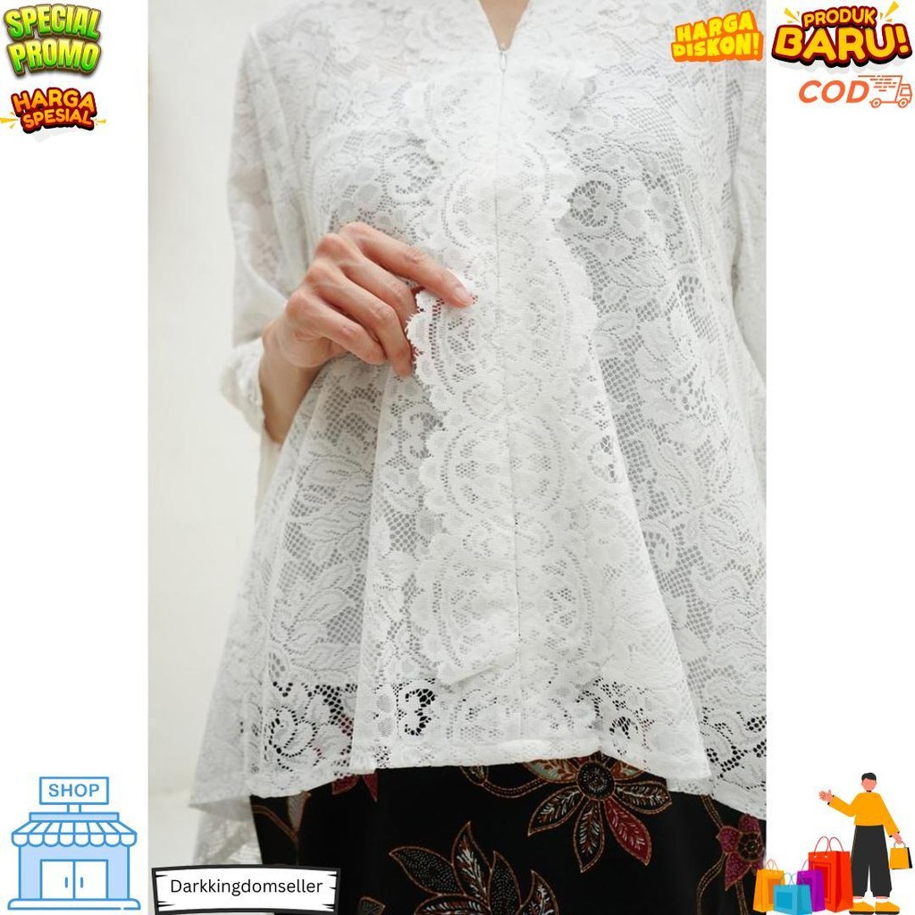 Ibukebaya - Kebaya Encim Modern Panjang Belakang Penguin Brukat Putih Hitam Promo 4.4