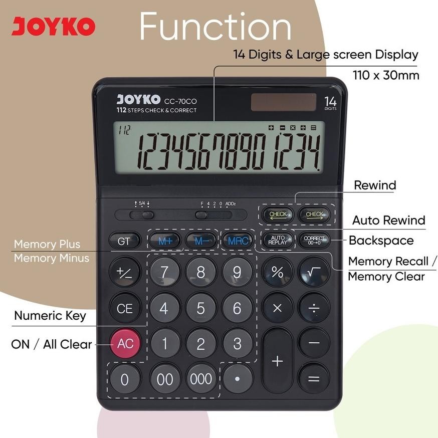 

Up15 JOYKO CC 70CO CHECK & CORRECT CALCULATOR - Kalkulator With Alumunium Surface 14 Digit Cek ulang Premium