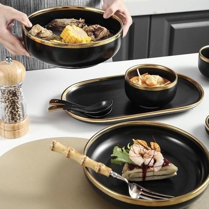 Promo [ Satuan ] Noire Black Gold Plate / Piring Keramik Hitam Emas