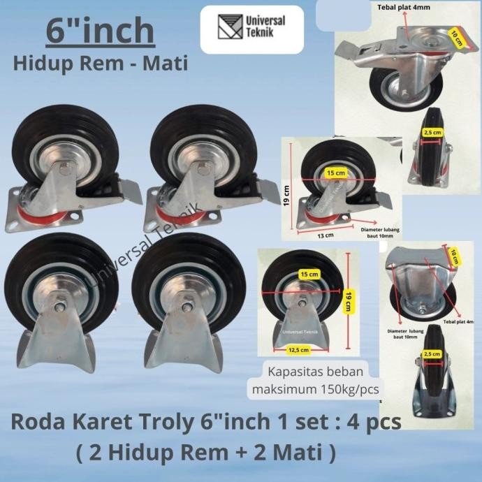 Roda Karet Troli  6 Inch 1 Set = 4Pcs ( Hidup Rem-Hidup-Mati ) New Stok