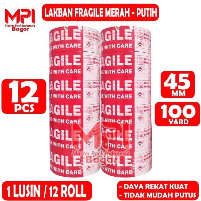 

1 Lusin / 12 Pcs - Lakban Fragile Merah Putih 45 Mm X 100 Yard - Lakban Fragile Unboxing - Mpi Bogor New Stok