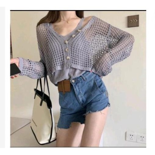 Murah Sueterku Cardigan Kancing Fishnet 2In1 + Inner Hq Premium /New Cardigan Rajut Wanita