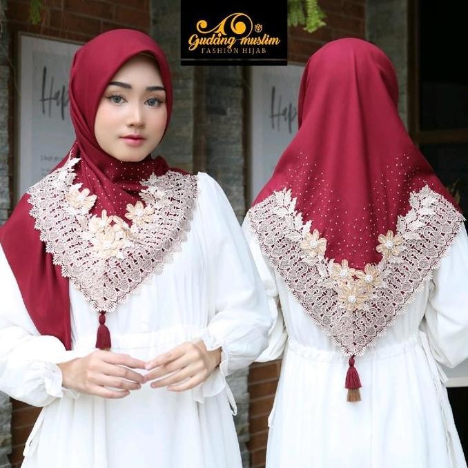 Grosir Hijab Segi Empat Renda Payet / Kerudung Segi Empat Renda Cantik Voal Muslim