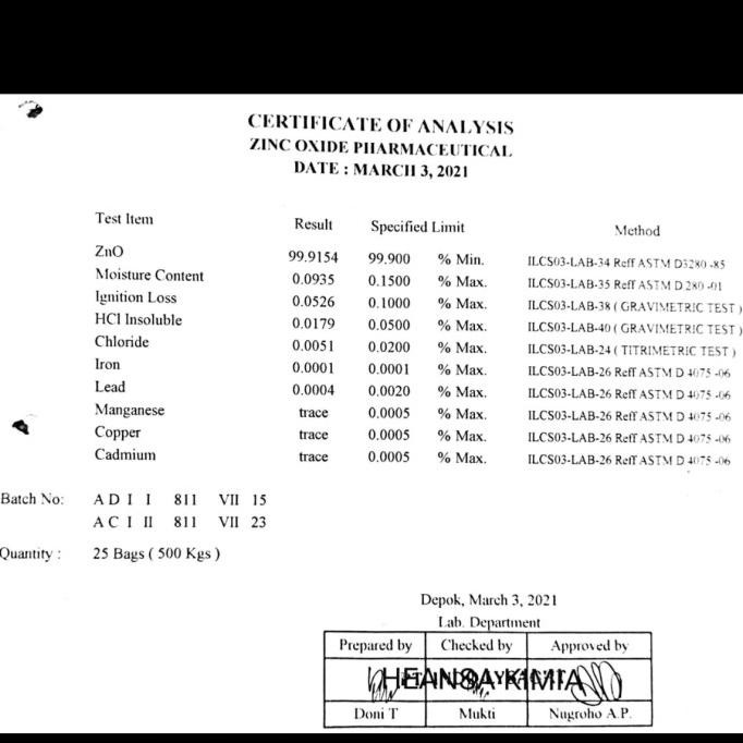 ZINC OXIDE BUBUK - POWDER Pharma - ZnO (20 kg) 1 sax murah