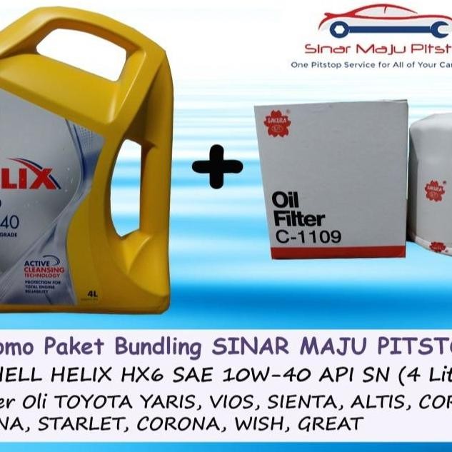 Grosir Paket Bundling Oli Shell Helix Hx6 10W-40 Api Sn Plus Original 4 Liter & Filter Oli Mobil Toy