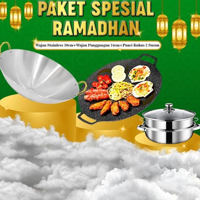Grosir (Ss) Paket Super Lengkap Wajan Stainless Steel 30Cm + Wajan Panggangan 34Cm Anti Lengket + Pa