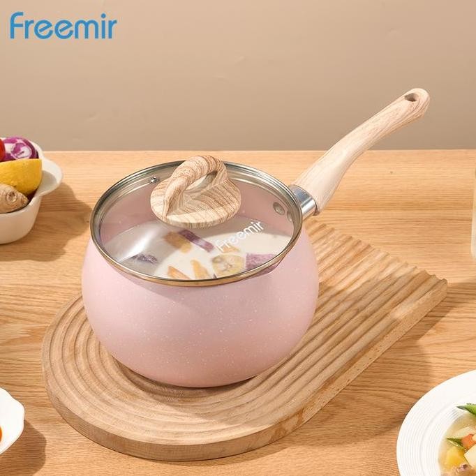 [MEGA SALE] Freemir Panci Susu 16 cm Batu Granit dengan Tutup Kaca Cekung Anti Lengket Peralatan Ama
