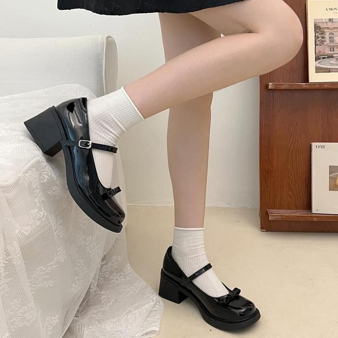 Sepatu Hak Tahu Tinggi 5cm High Block Heels Wanita Mary Jane Tali Import Pesta Hitam Korea Murah Pre