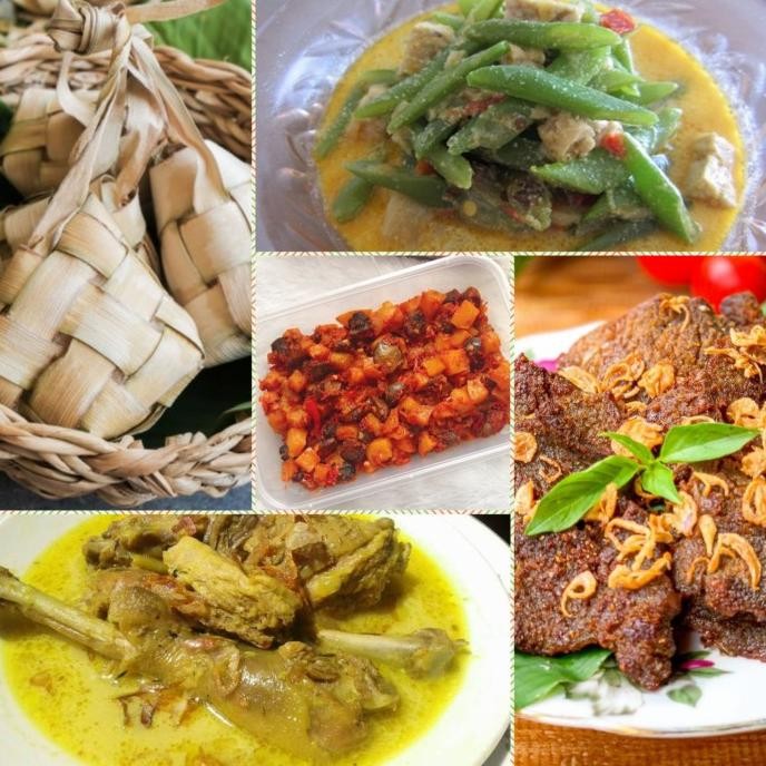 paket lebaran : ketupat, daging rendang, opor ayam, sambel kentang ati