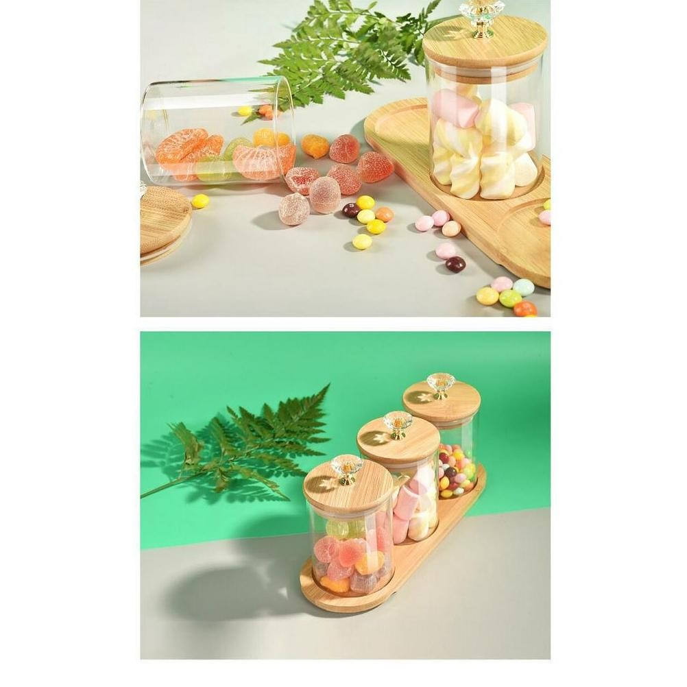 Tempat Bumbu / Candy Jar / Toples Kaca Diamond 3in1 dengan Nampan Kayu