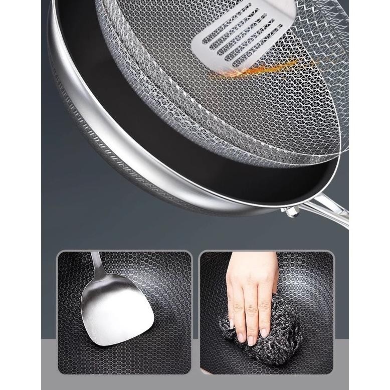 Wajan Stainless Steel 316, 34CM/ Kuali HoneyComb Non-Stick Free 2 Sutil
