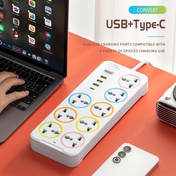 Eight Port 3 Usb 1 Type C Colokan Kabel Listrik Stopkontak Kabel Sambungan Kabel New Stok