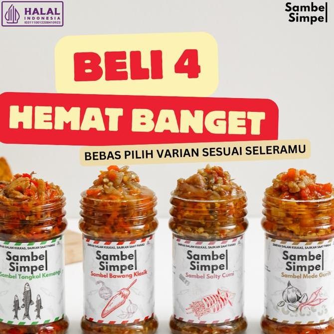 

Sale Sambel Simpel - Sambal Bawang Cumi Tongkol Mede - Paket Hemat Isi 4 Botol 140 Gr - Halal