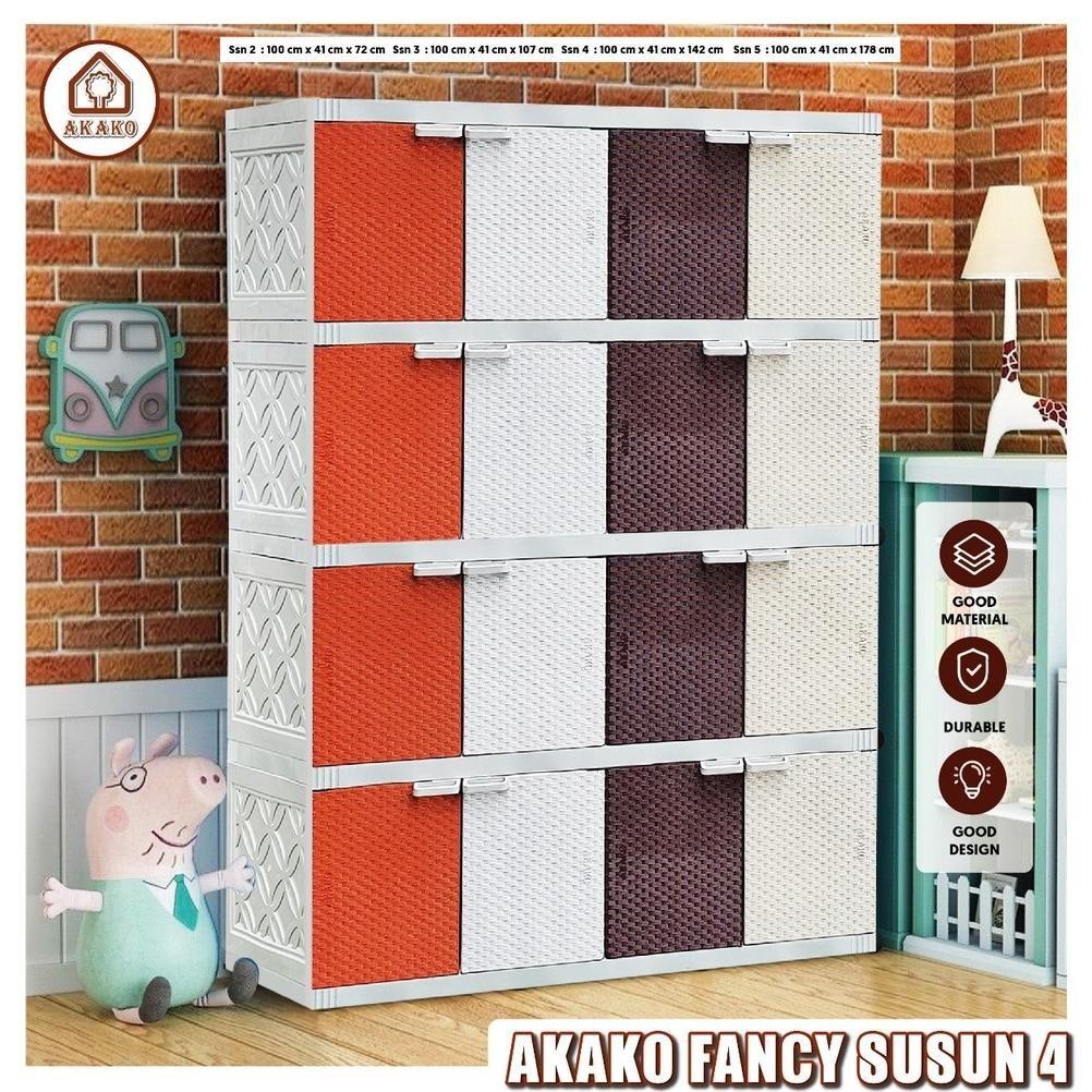 Lemari pakaian plastik akako fancy 4 pintu 2 susun 3 susun 4 susun 5 susun warna warni MURAH coklat 