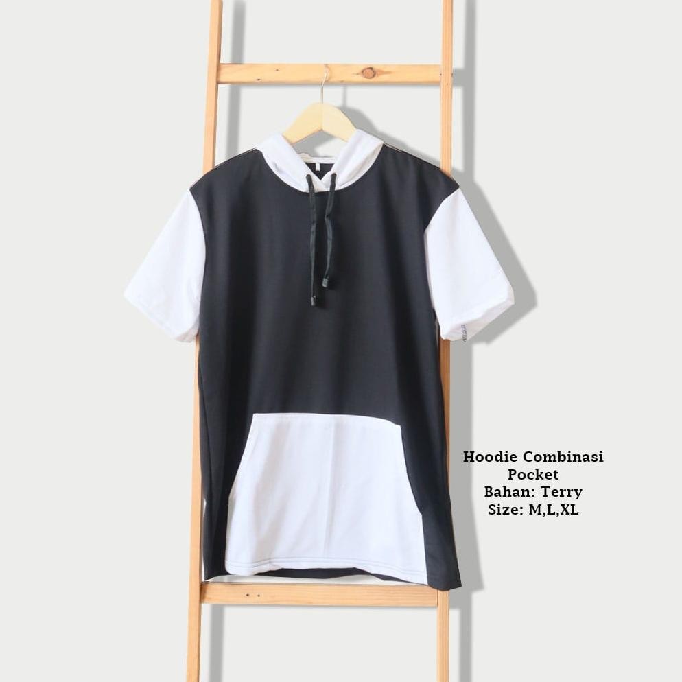 Kaos Hoodie Poket Kombinasi Pria Lengan Pendek/Baju Kupluk Kantong Doraemon Distro Terbaru