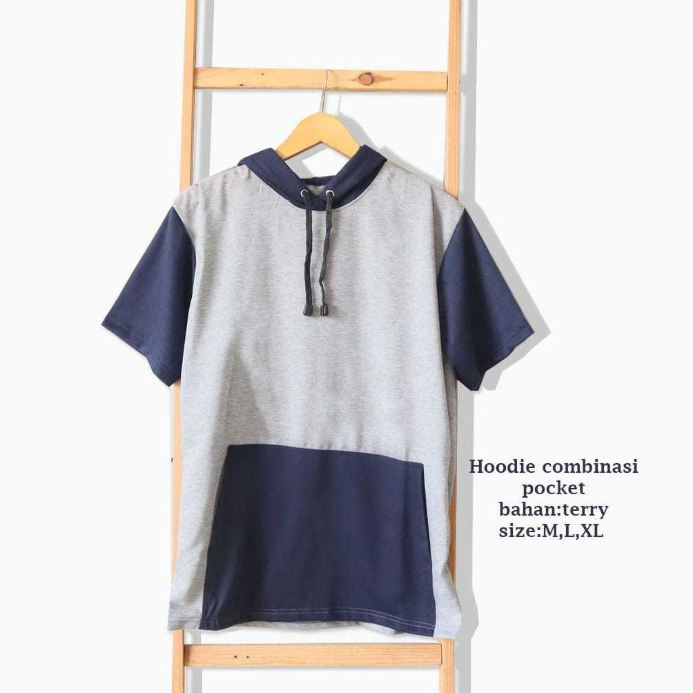 Kaos Hoodie Kantong Doraemon Pendek Dewasa/Kupluk Kaos Poket Beda Warna Lengan Pendek