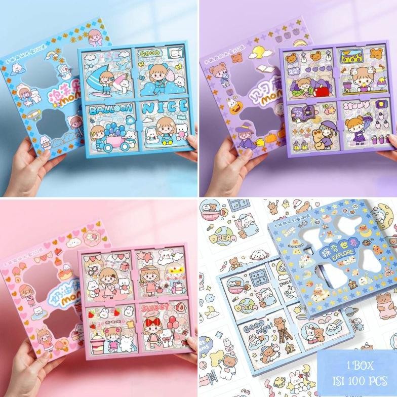 

1 Pack Isi 100 Lembar Pcs Stiker Box Merk Senrio Kuromi Stela Lou Momo Sticker Set Korea