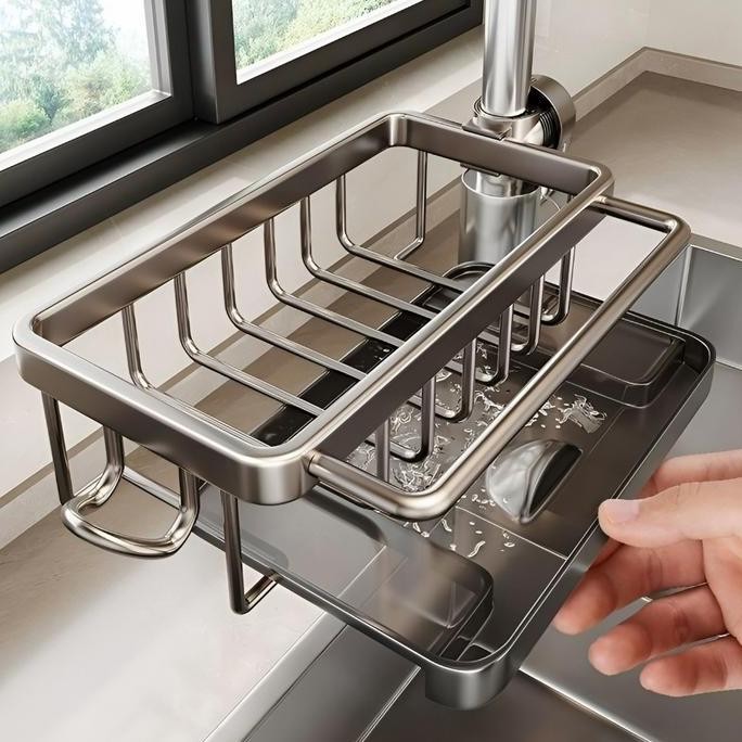 Rak Organizer Wastafel Dapur Tempat Sabun Spons Rak Aluminium Penyimpanan Tempat Kain Pencuci Piring