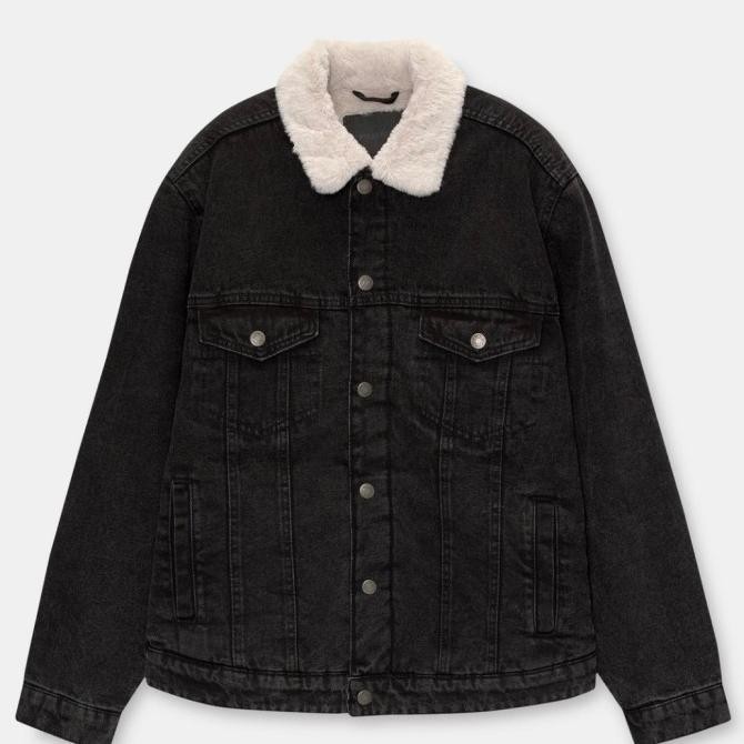 Murah Jaket Denim Pull And Bear Kerah Bulu Pria Hitam Original