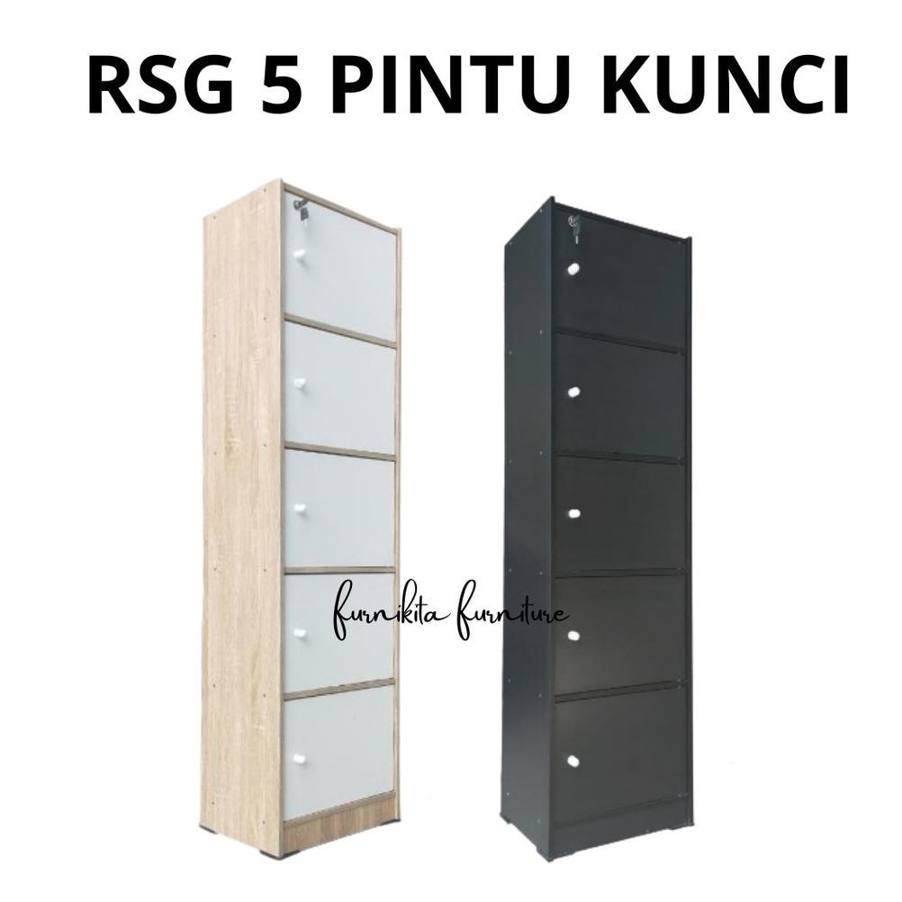 LEMARI RAK BUKU SERBAGUNA SUSUN 5 KAYU DENGAN KUNCI