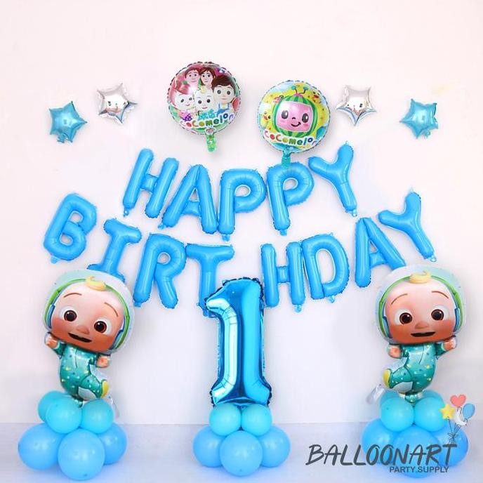 Cocomelon Biru Dekorasi Set/Balon Foil/Paket Dekorasi Ulang Tahun Anak/Balloon Foil Cocomelon Berkua