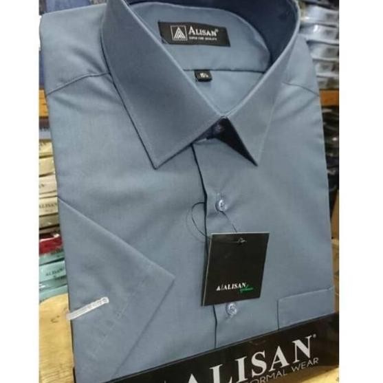 Laris!! Polos Alisan Abu Tua Kemeja Formal Pria Krah Berdasi Slimfit Lengan Pendek Premium Semiorigi