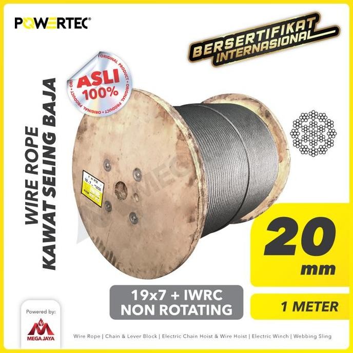 POWERTEC Wire Rope / Kawat Seling Baja 19x7 IWRC 20mm NR  - 1 Meter liquid