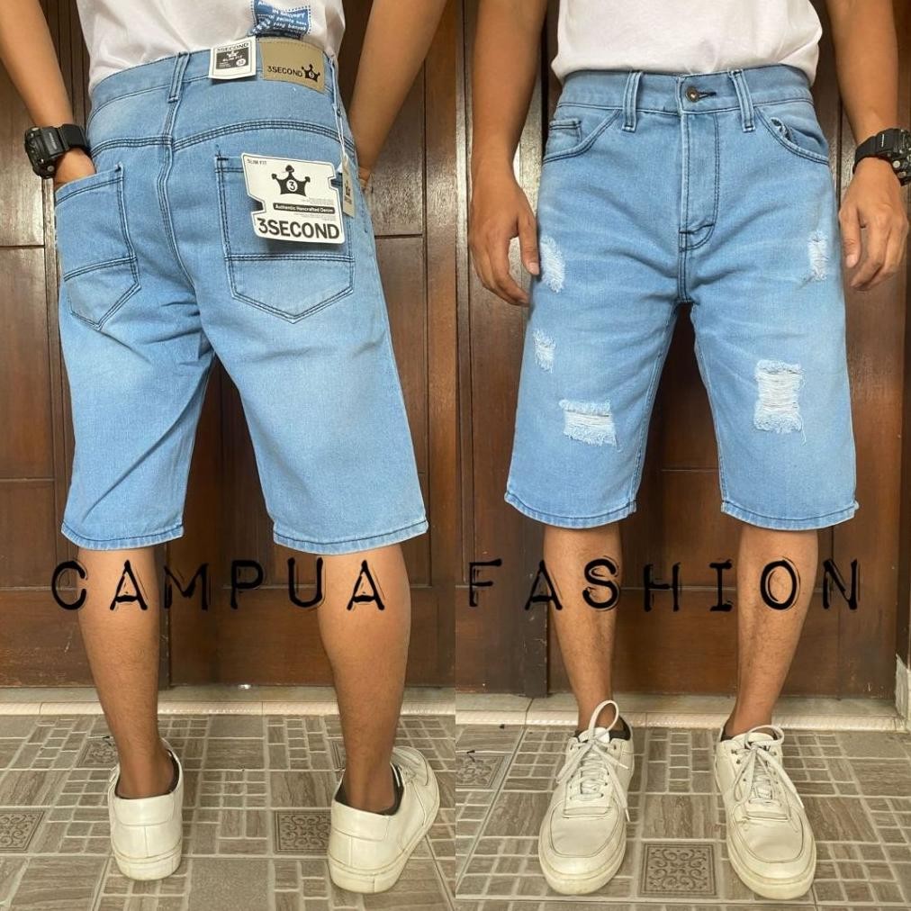 Celana Pendek Sobek Robek Jeans Pria 3 Second Cowo Cowok Dewasa Ukuran Big Size Jumbo Besar Murah Ke