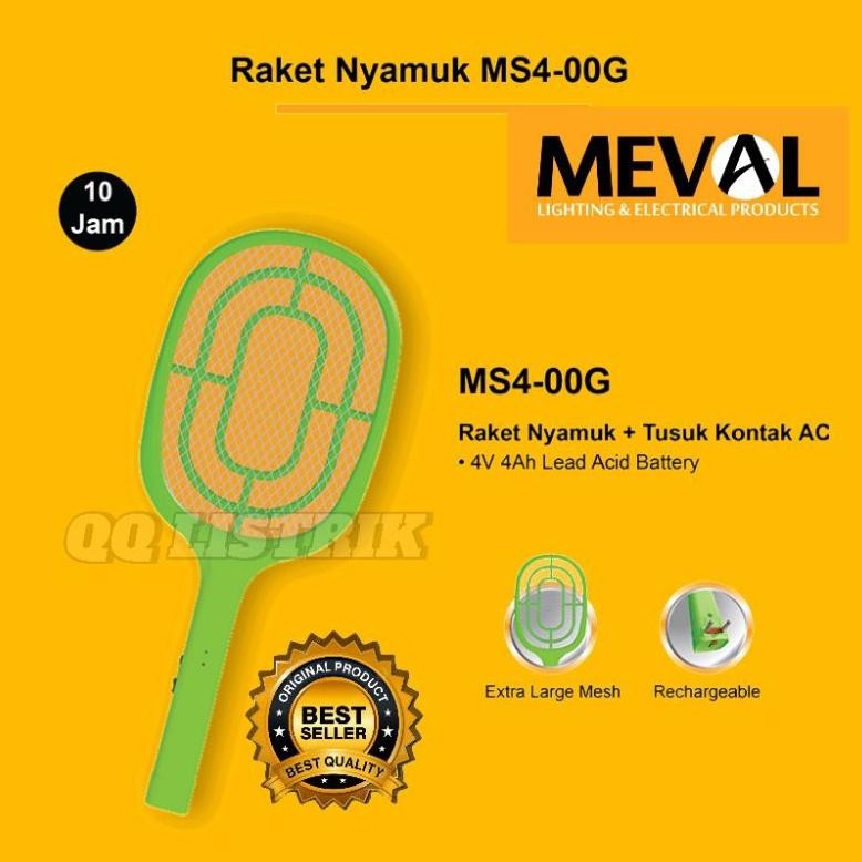 raket nyamuk + tusuk kontak AC MEVAL, raket nyamuk meval MS4-00G, HIJAU