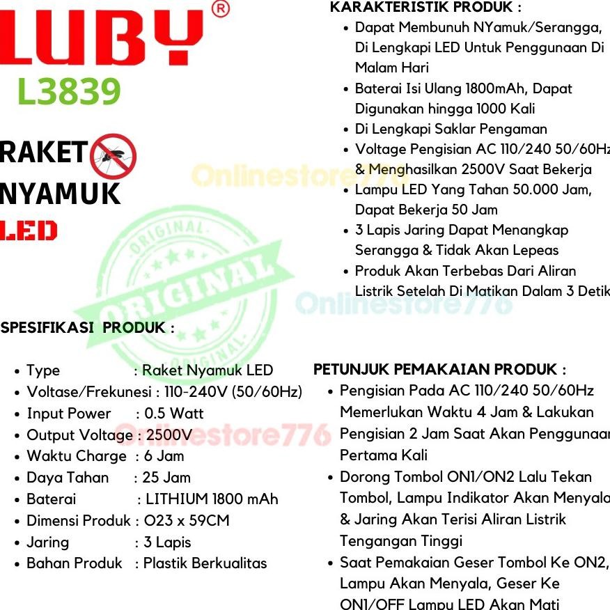 RAKET NYAMUK LUBY L3839 / PERANGKAP NYAMUK / RAKET NYAMUK / LUBY L3839 - 3839 - L3839A