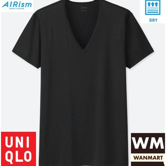 UNIQLO AIRism T-Shirt Men Kaos Dalam Pria V Neck Lengan Pendek Black