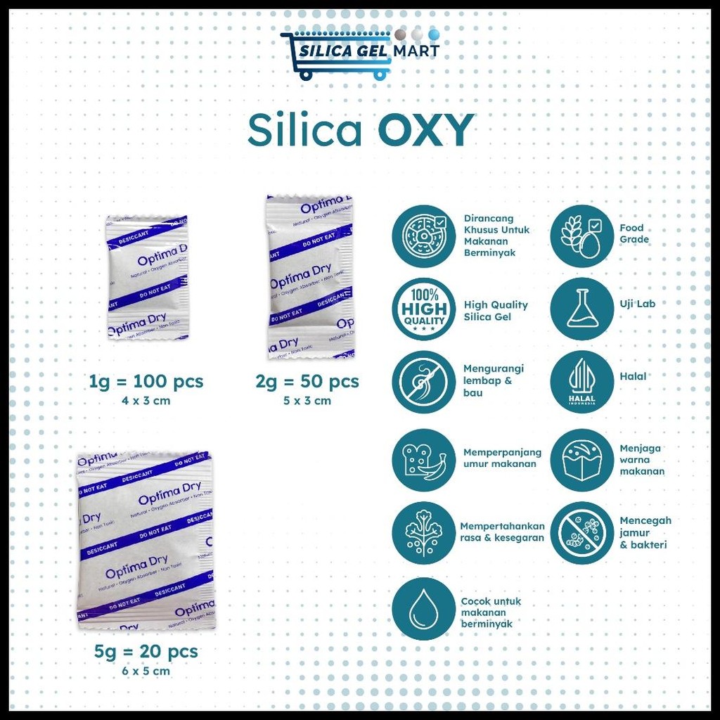 

SILICA GEL OXY 1 PACK TOTAL 100PCS (DIRANCANG UNTUK MAKANAN BERMINYAK)
