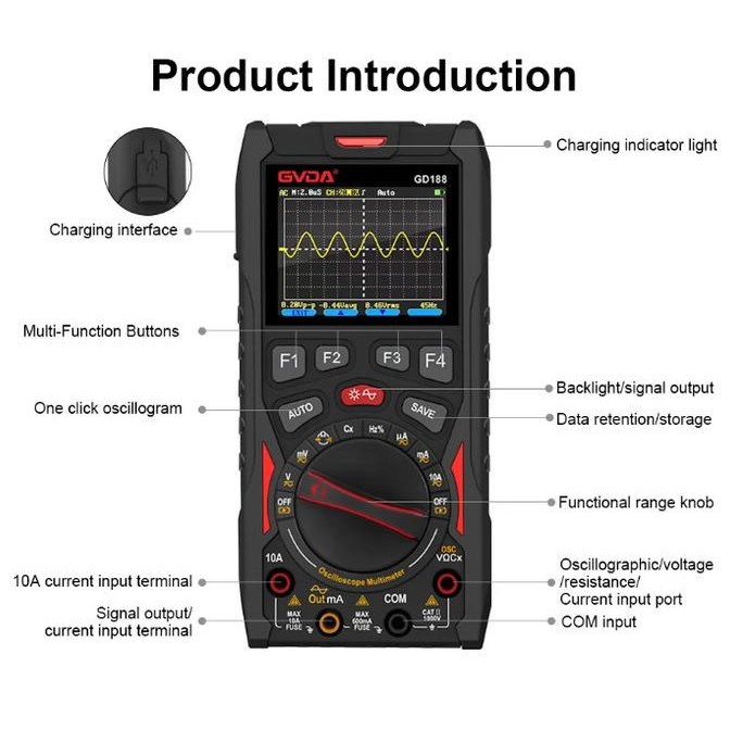 GVDA 3 in 1 Digital Oscilloscope 12 MHz Multimeter 6000 Counts GD188