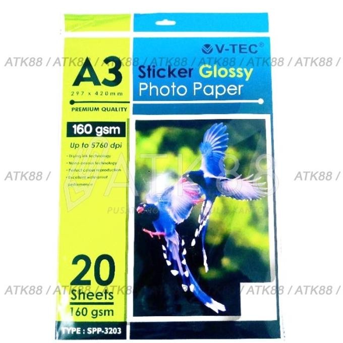 

V-Tec Sticker Glossy Photo Paper Waterproof A3 160Gsm (20 Sheet) Terbaru