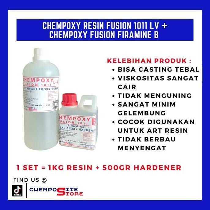 

Epoxy Resin - Chempoxy Fusion 1011 Lv + Chempoxy Fusion Firamine B - 1Kg Resin+500Gr Hardener Untuk Kerajinan River Table Co
