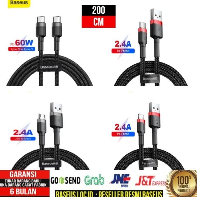 baseus kabel data micro/type-c/iphone/c to c quickcharge 2.4a 2m termurah