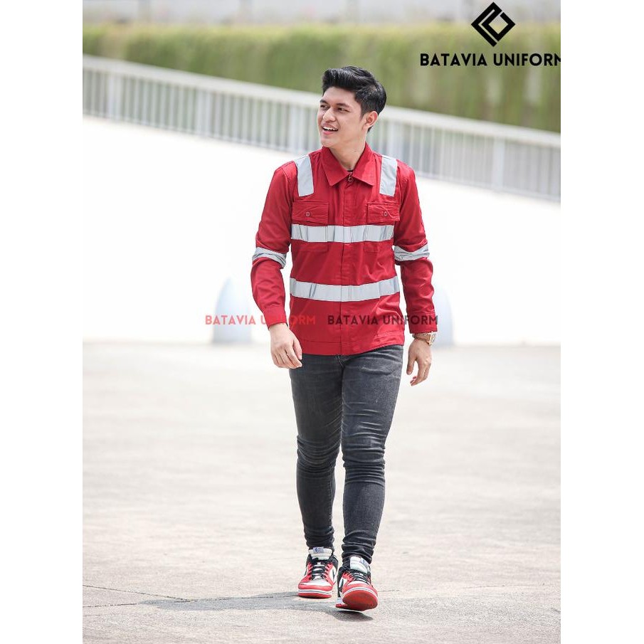 Baju Kemeja Wearpack Kerja Proyek Safety Panjang Pria Maroon Resleting Termurah