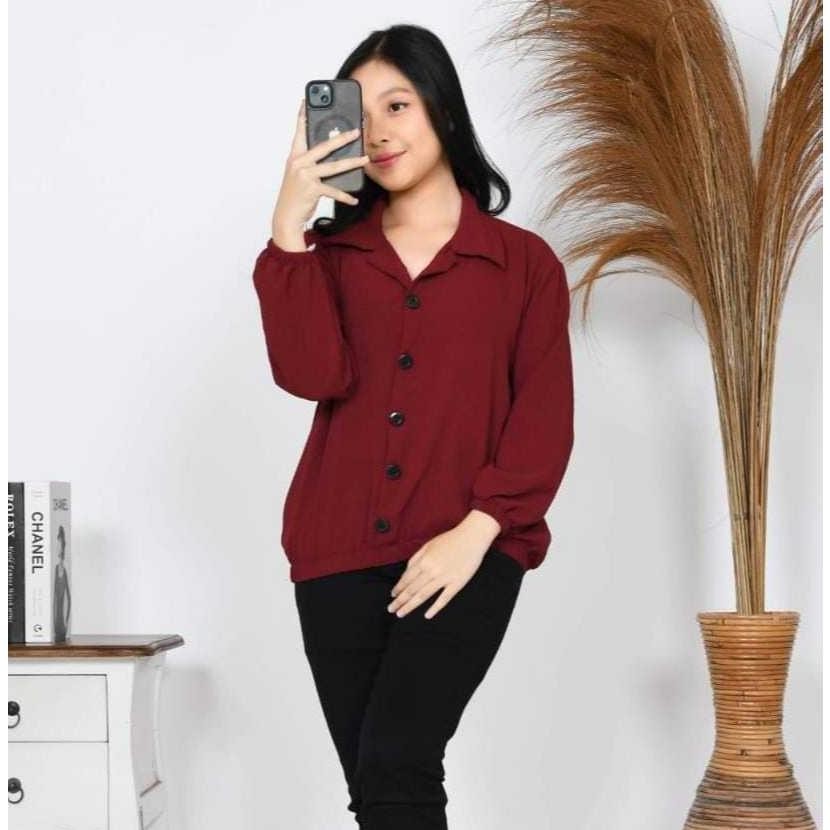 Blouse Cringkle Kancing Atas Tangan Karet Model Terbaru/Atasan Wanita Polos/Blouse Terbaru