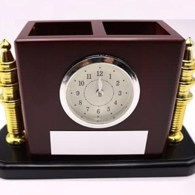 Terbaru Jam Meja Kayu Tempat Pulpen Pensil Souvenir Wooden Table Clock Holder