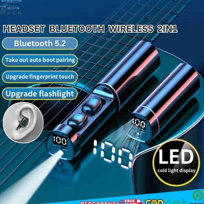 Original Earphone Bluetooth Headset TWS 5.2 N21 Senter/Flashlight Waterproof
