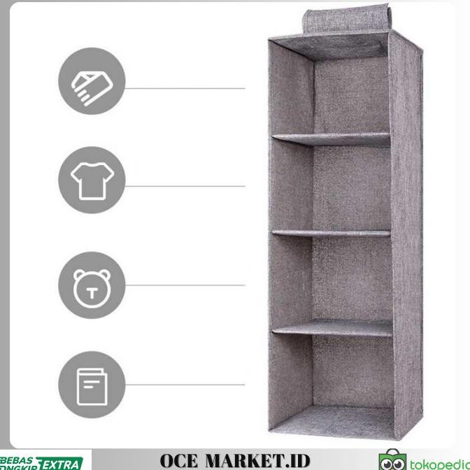 Rak Gantung Kain Lemari Baju Wardrobe Storage Box 4 Susun - Gray