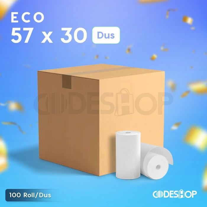 

100 Roll Kertas Thermal Codeshop 57X30Mm 57 X 30 Printer Kasir Bluetooth Termal 57X30 / 58X30 Mm 10 Slop Pack 1 Dus Box Original Dan Terpercaya