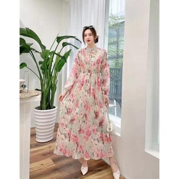 Baru [KIKI]Maxi dress wanita motif bunga rok plisket gamis muslim Maxi Midi