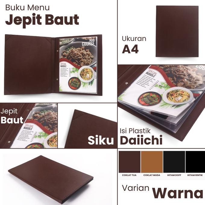 

Buku menu kulit Restoran/Cafe/Hotel - Model jepit baut isi plastik A4 Daiichi - warna Hitam Doff, Hitam Rintik, Coklat Muda, Coklat Tua - Ready Stock LS