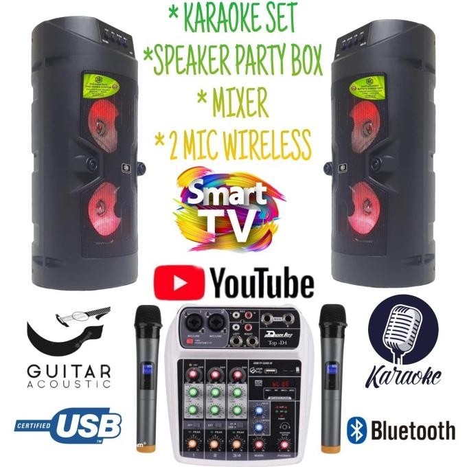 Terlaris Karaoke Set Party Box Mini 3R Dobel Mixer Bluetooth 2 Mic Wireless