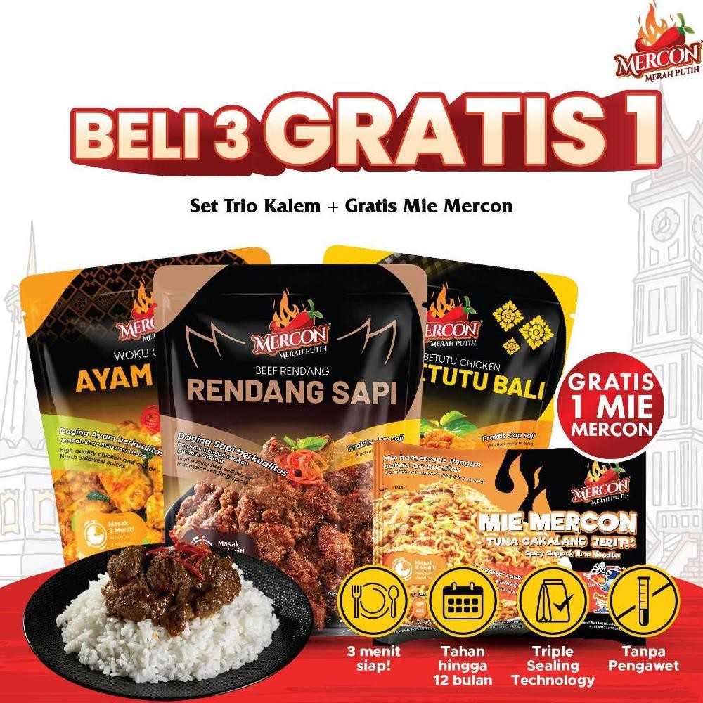 

TERMURAH [ BELI 3 GRATIS 1 ] - Mercon Merah Putih - Set Trio Kalem || Rendang Sapi + Ayam Woku + Ayam Betutu + GRATIS MIE CAKALANG MERCON Siap kirim
