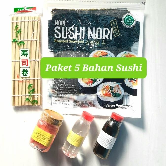 

STOK TERBATAS PAKET 5 BAHAN SUSHI NORI BAMBU SHOYU CUKA JAHE HALAL MURAH LENGKAP
