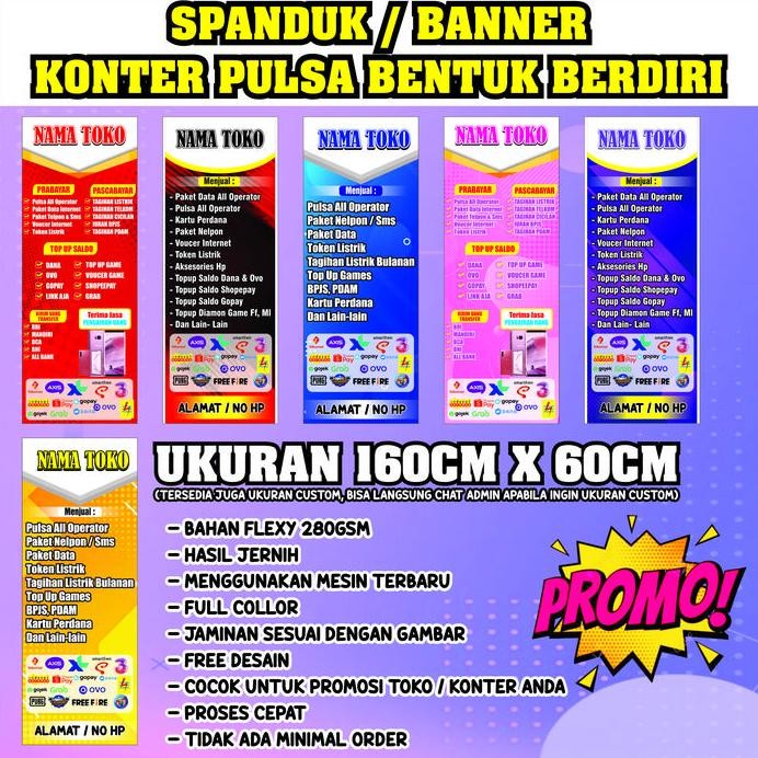 ready  BANNER KONTER PULSA BENTUK BERDIRI UKURAN 60CM X 160CM murah