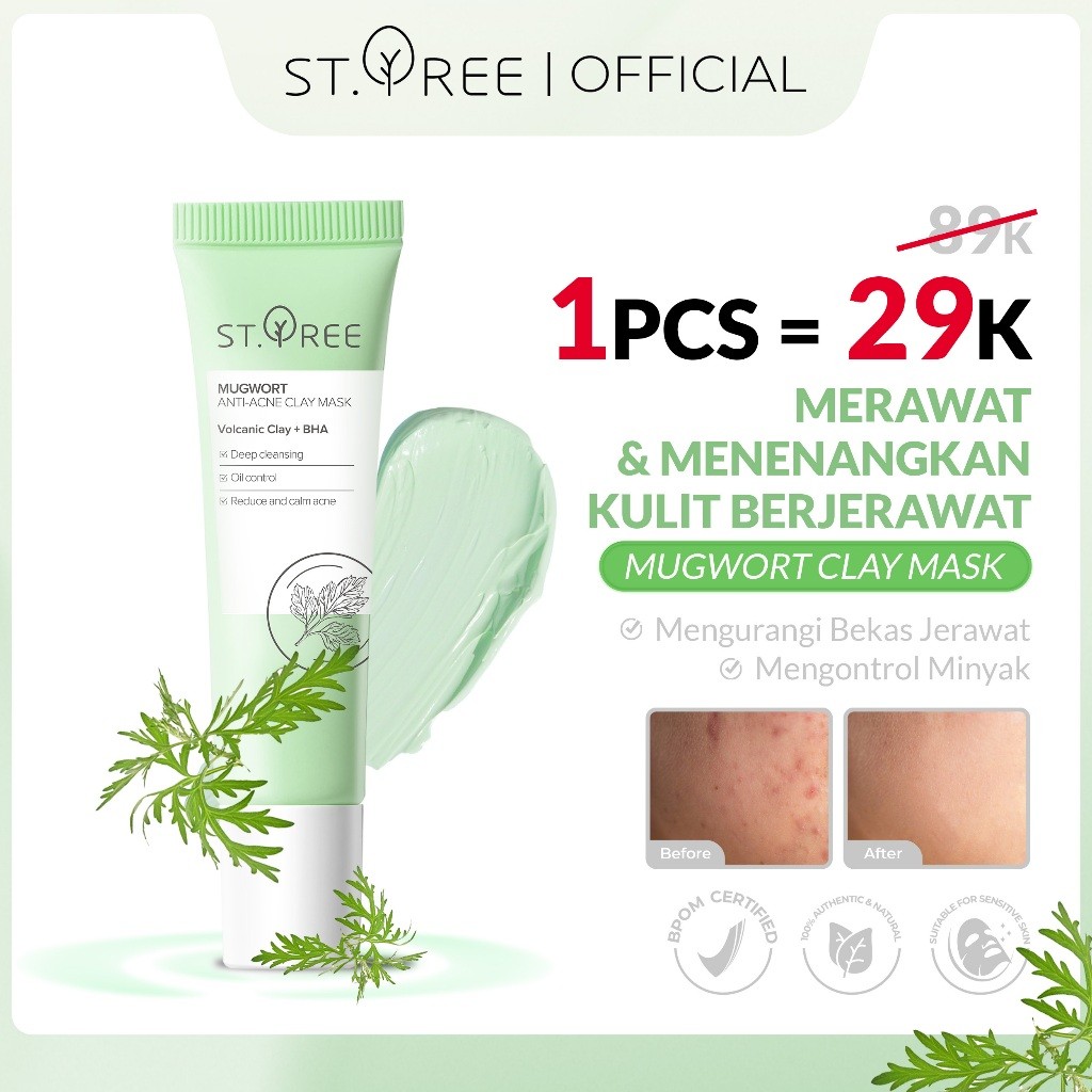 ST.TREE Mugwort Anti Acne Clay Mask 30 gr | Volcanic Clay + BHA - Salicylic Acid + Niacinamide - Mas